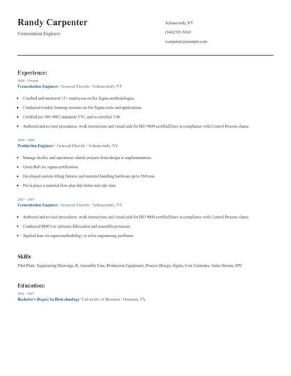 Fermentation Engineer Resume