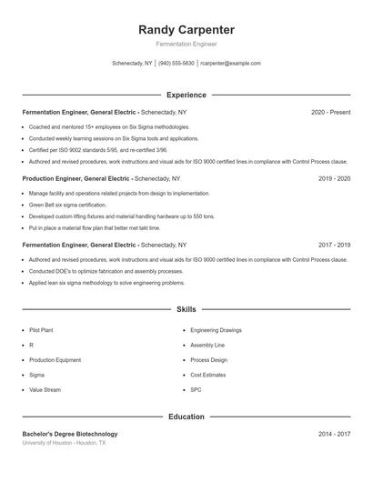Fermentation Engineer Resume