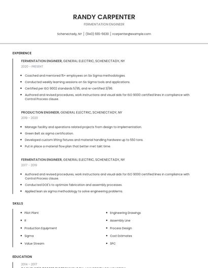 Fermentation Engineer Resume