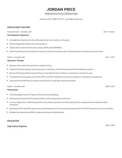 Fermentation Operator Resume