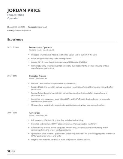 Fermentation Operator Resume