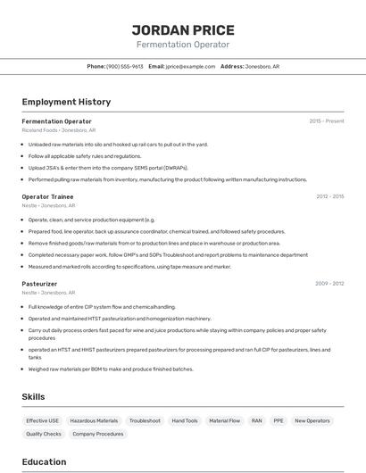 Fermentation Operator Resume