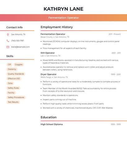 Fermentation Operator Resume