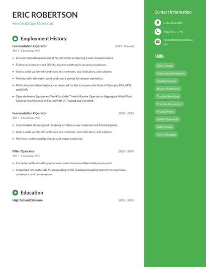 Fermentation Operator Resume