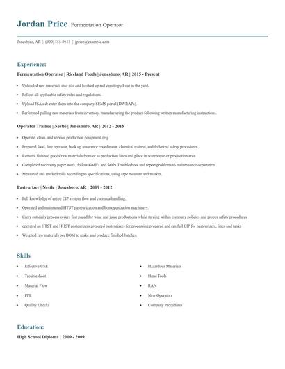 Fermentation Operator Resume