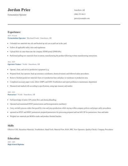 Fermentation Operator Resume