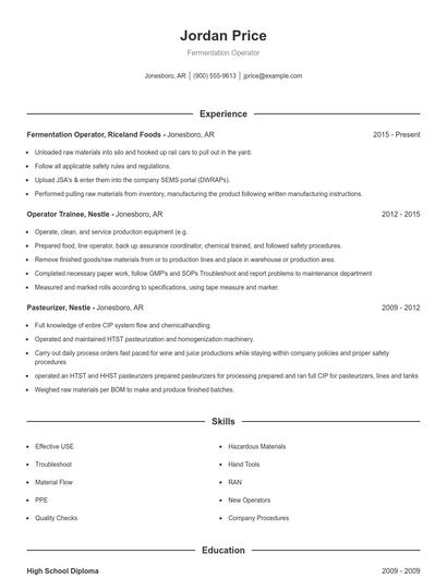 Fermentation Operator Resume