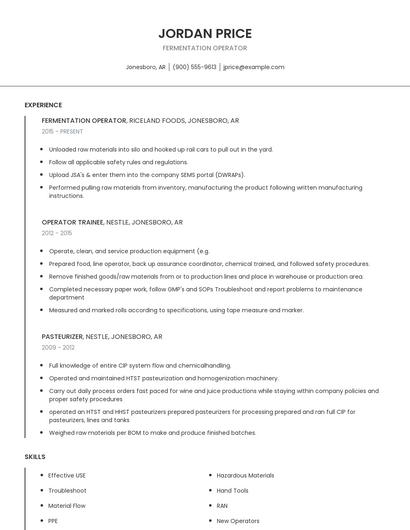 Fermentation Operator Resume
