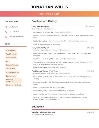 Ferry Terminal Agent Resume
