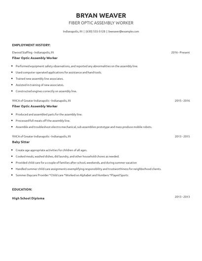 Fiber Optic Assembly Worker Resume
