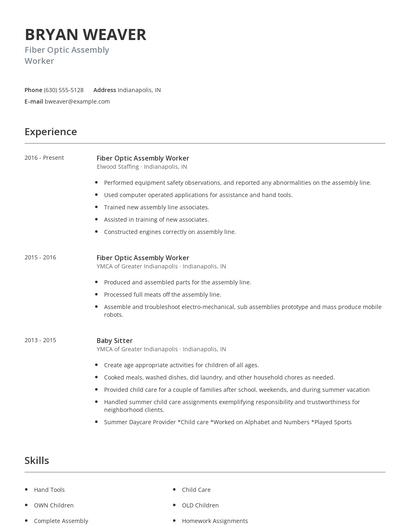 Fiber Optic Assembly Worker Resume