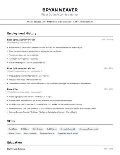 Fiber Optic Assembly Worker Resume