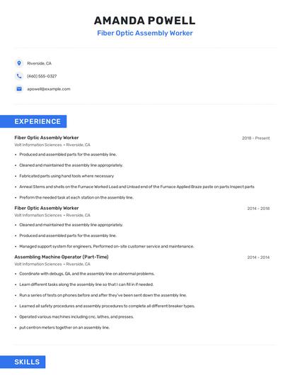 Fiber Optic Assembly Worker Resume