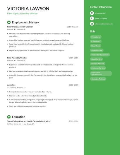 Fiber Optic Assembly Worker Resume