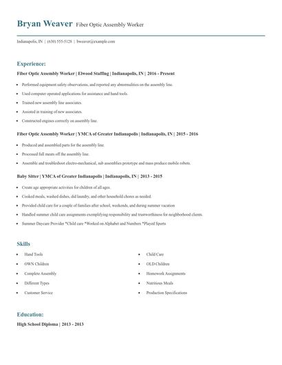 Fiber Optic Assembly Worker Resume