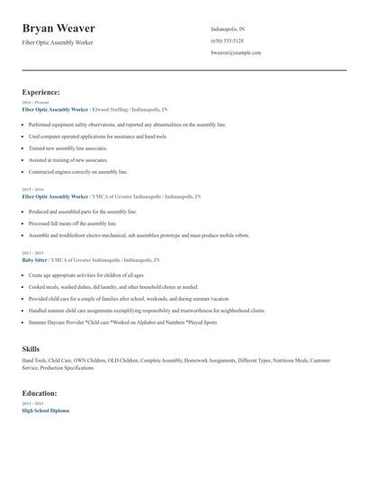 Fiber Optic Assembly Worker Resume