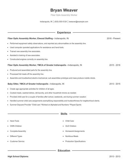 Fiber Optic Assembly Worker Resume