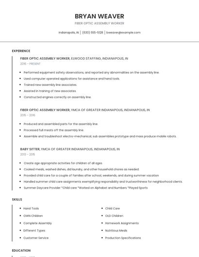 Fiber Optic Assembly Worker Resume