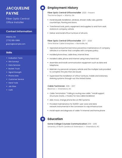 Fiber Optic Central Office Installer Resume