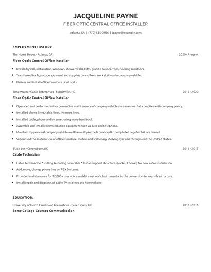 Fiber Optic Central Office Installer Resume
