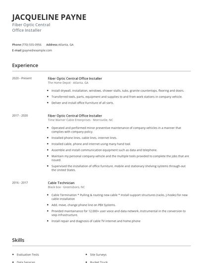 Fiber Optic Central Office Installer Resume