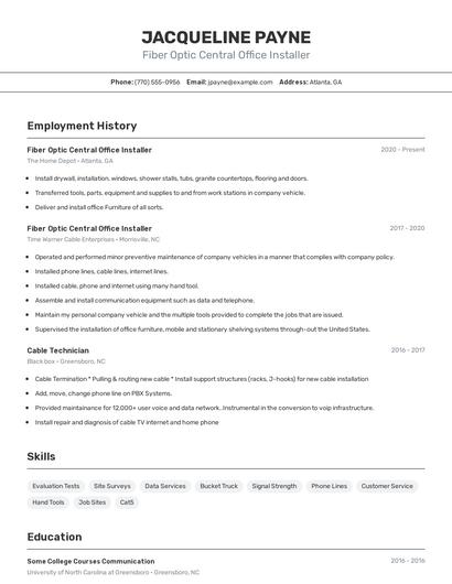 Fiber Optic Central Office Installer Resume