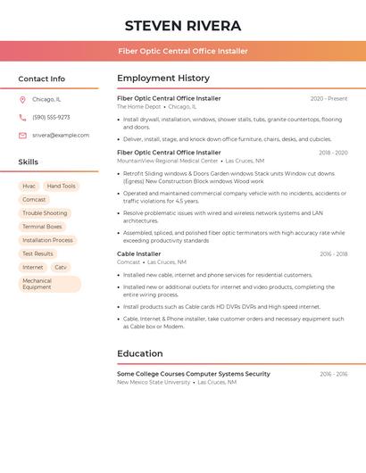 Fiber Optic Central Office Installer Resume