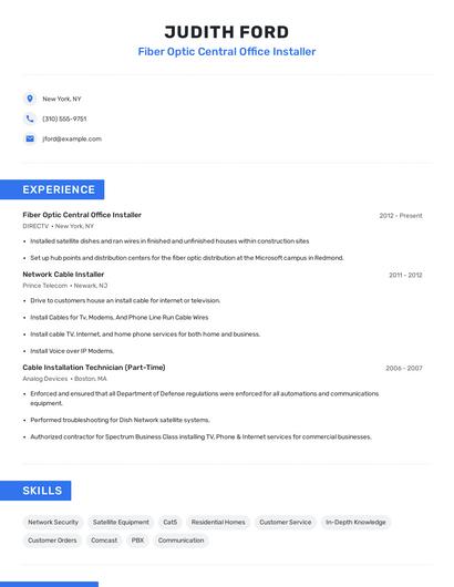 Fiber Optic Central Office Installer Resume