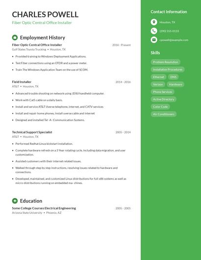 Fiber Optic Central Office Installer Resume