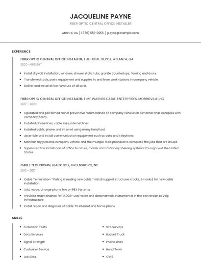 Fiber Optic Central Office Installer Resume