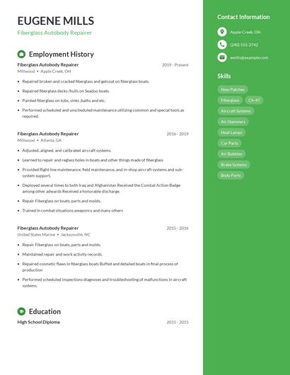 Fiberglass Autobody Repairer Resume