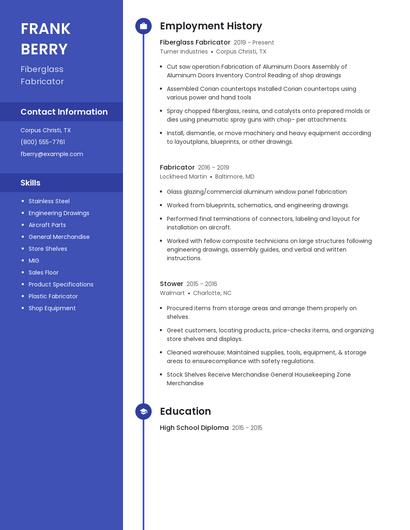 Fiberglass Fabricator Resume