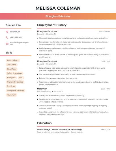 Fiberglass Fabricator Resume