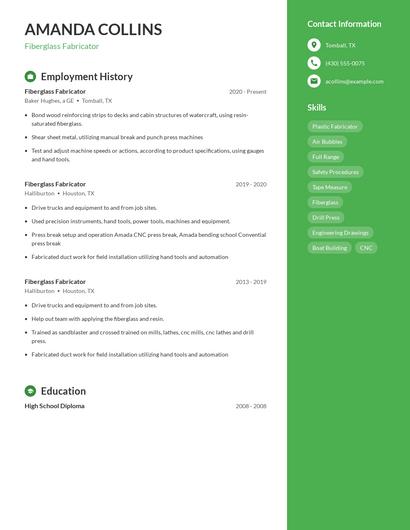 Fiberglass Fabricator Resume