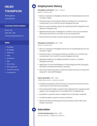 Fiberglass Laminator Resume