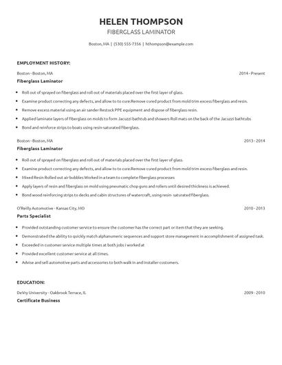 Fiberglass Laminator Resume