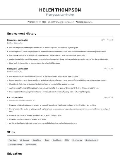 Fiberglass Laminator Resume