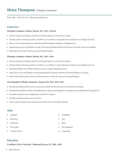 Fiberglass Laminator Resume