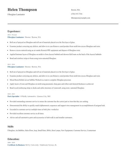Fiberglass Laminator Resume