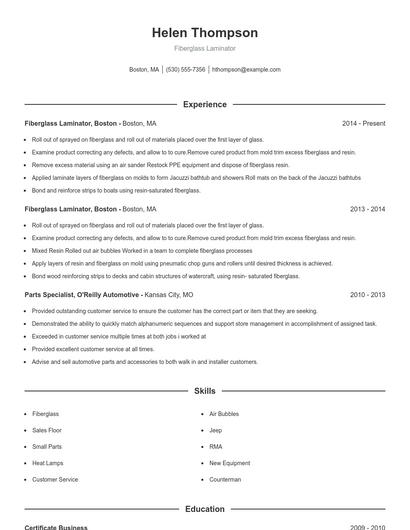 Fiberglass Laminator Resume