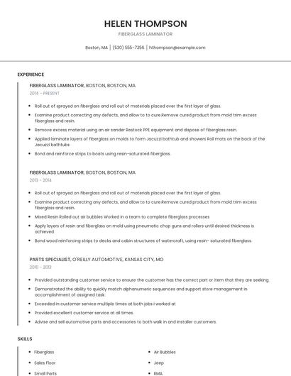 Fiberglass Laminator Resume