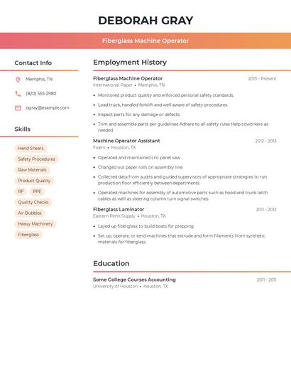 Fiberglass Machine Operator Resume
