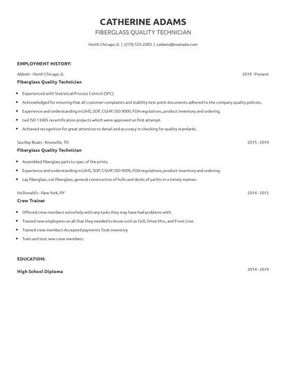Fiberglass Quality Technician Resume