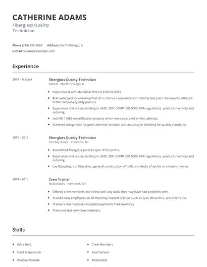 Fiberglass Quality Technician Resume