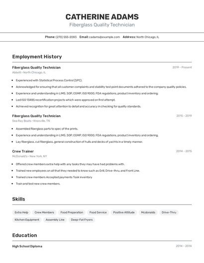 Fiberglass Quality Technician Resume