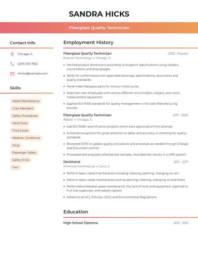 Fiberglass Quality Technician Resume