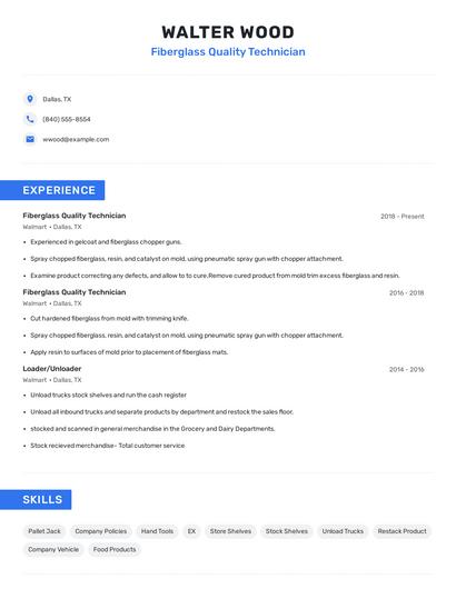 Fiberglass Quality Technician Resume