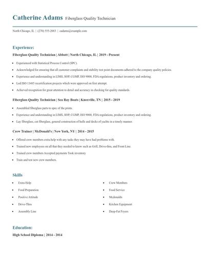 Fiberglass Quality Technician Resume