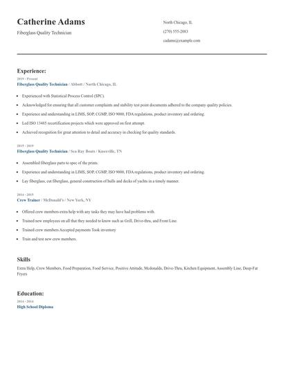 Fiberglass Quality Technician Resume