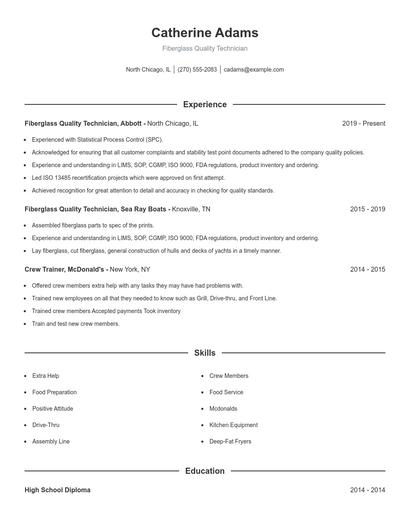 Fiberglass Quality Technician Resume